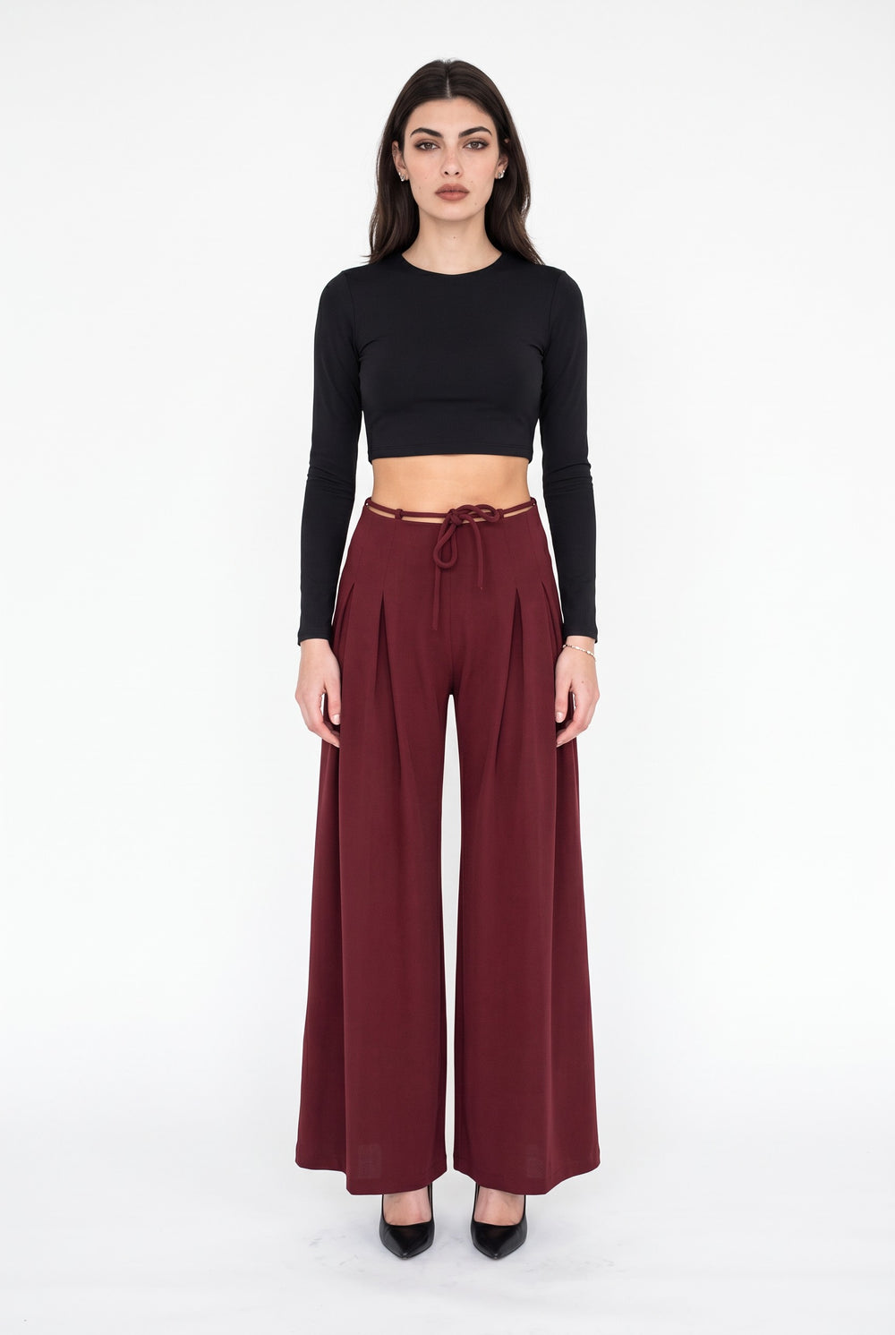 Belted High-Waist Wide-Leg Trousers Burgundy