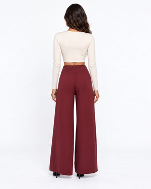 Belted High-Waist Wide-Leg Trousers Burgundy
