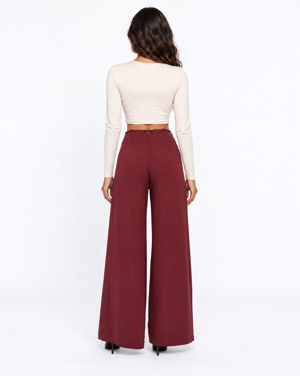 Belted High-Waist Wide-Leg Trousers Burgundy