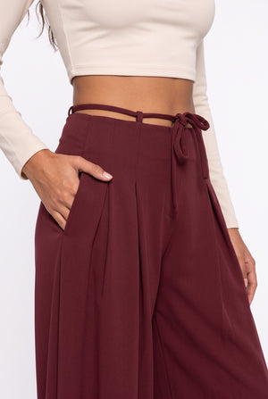 Belted High-Waist Wide-Leg Trousers Burgundy