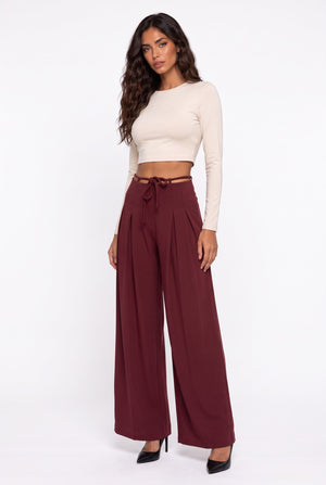 Belted High-Waist Wide-Leg Trousers Burgundy
