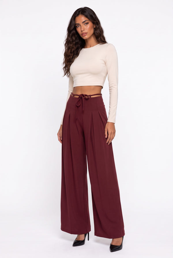Belted High-Waist Wide-Leg Trousers Burgundy