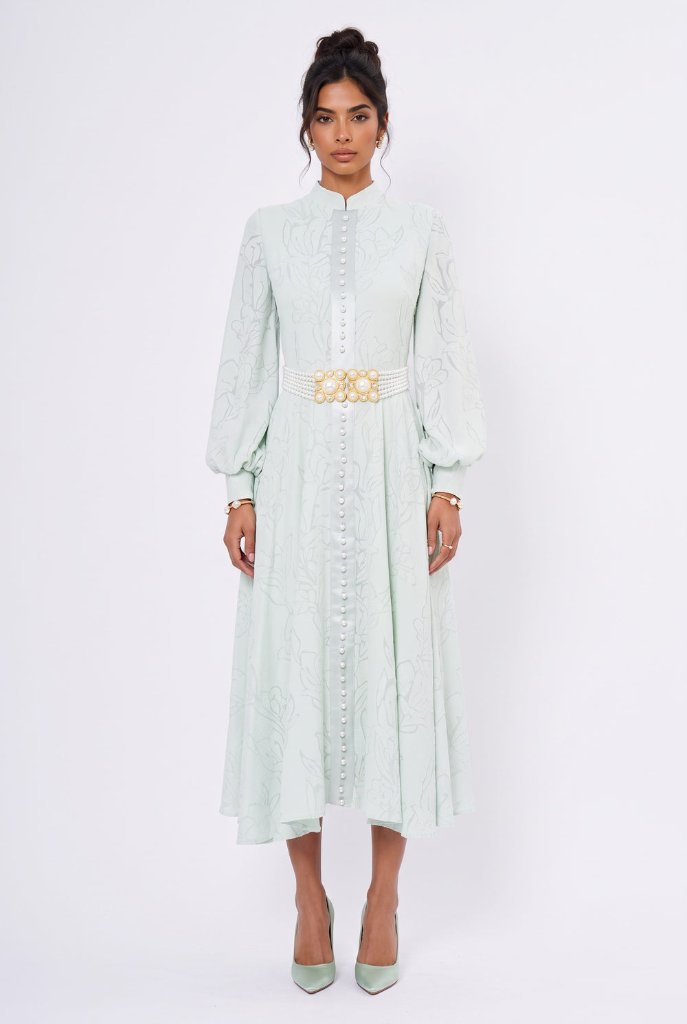 Button-Front Belted Midi Dress Mint
