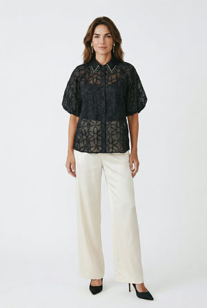 Taş Yakalı Dantel Dokulu Gömlek - görsel 8