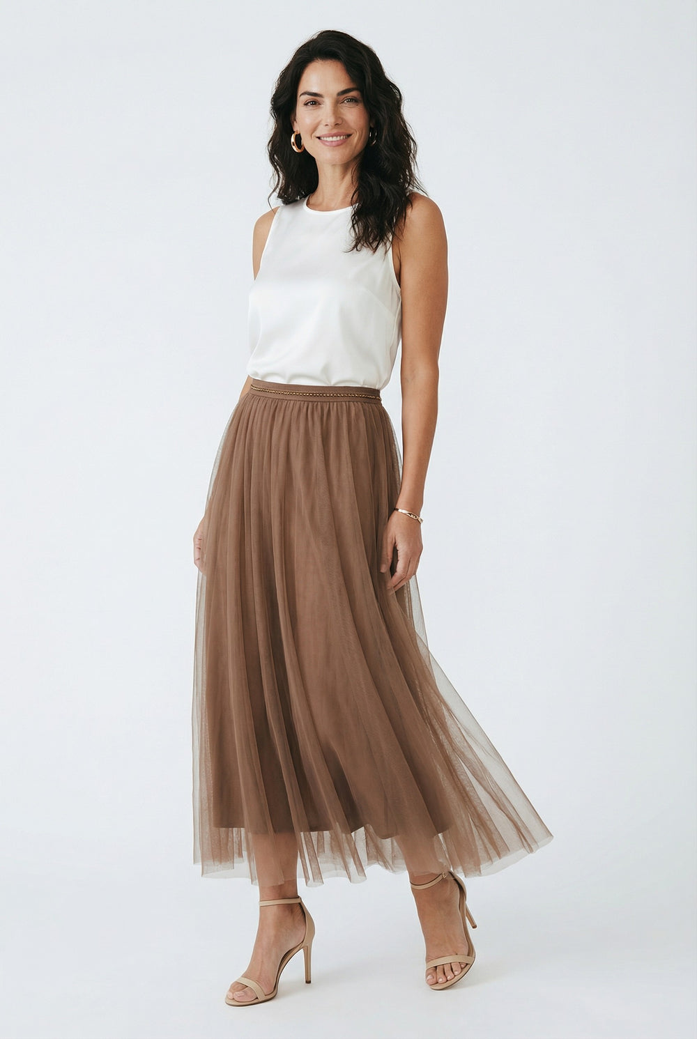 Pileli Tül Midi Etek Kahve