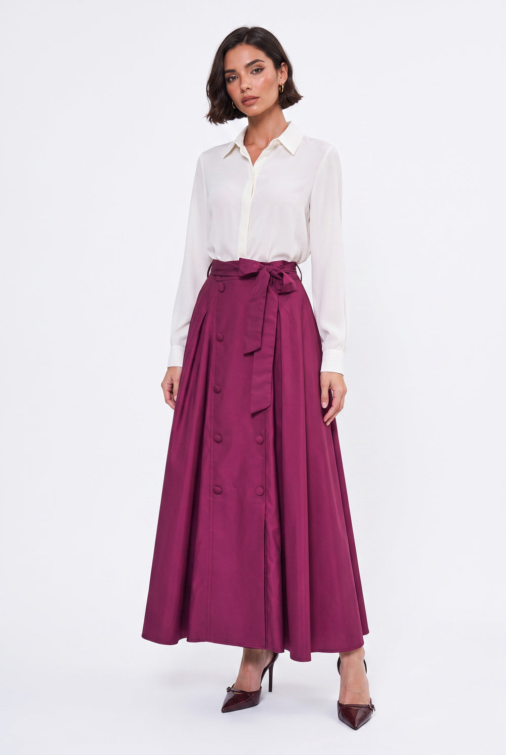 High-Waisted Belted and Button-Detail Pleated Long Skirt Burgundy