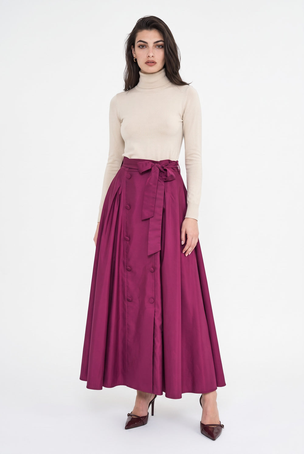 High-Waisted Belted and Button-Detail Pleated Long Skirt Burgundy