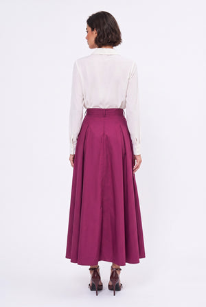 High-Waisted Belted and Button-Detail Pleated Long Skirt Burgundy