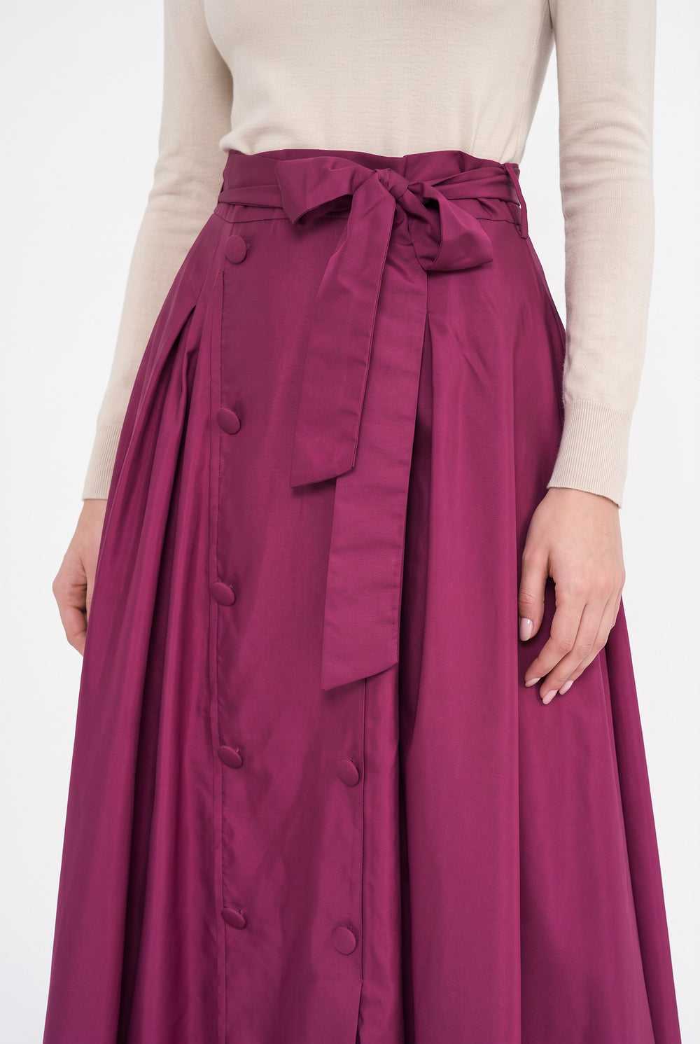 High-Waisted Belted and Button-Detail Pleated Long Skirt Burgundy