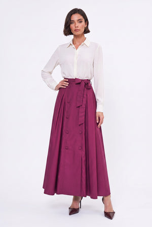 High-Waisted Belted and Button-Detail Pleated Long Skirt Burgundy