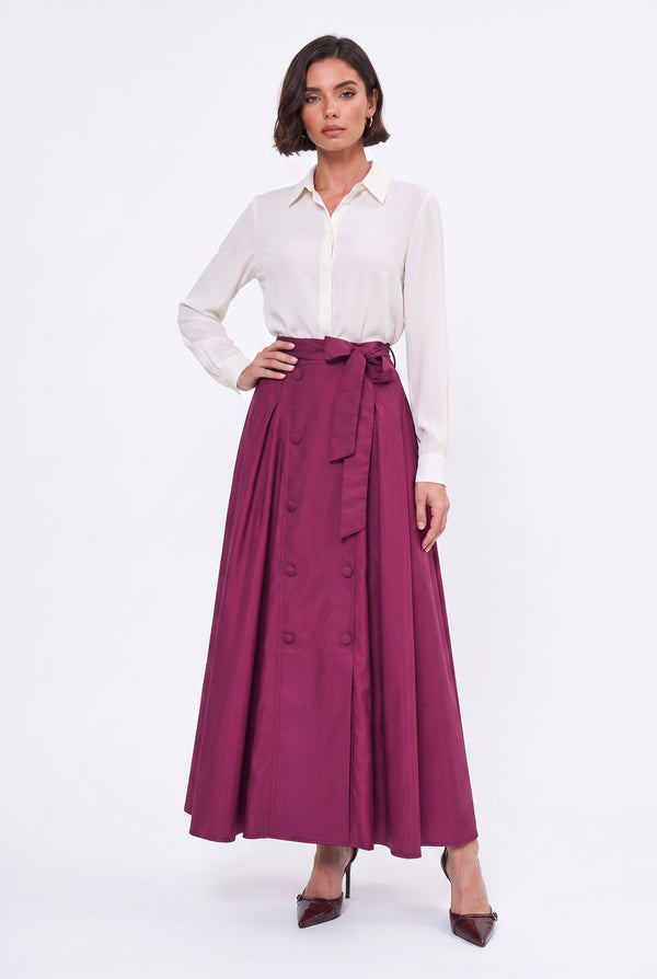 High-Waisted Belted and Button-Detail Pleated Long Skirt Burgundy