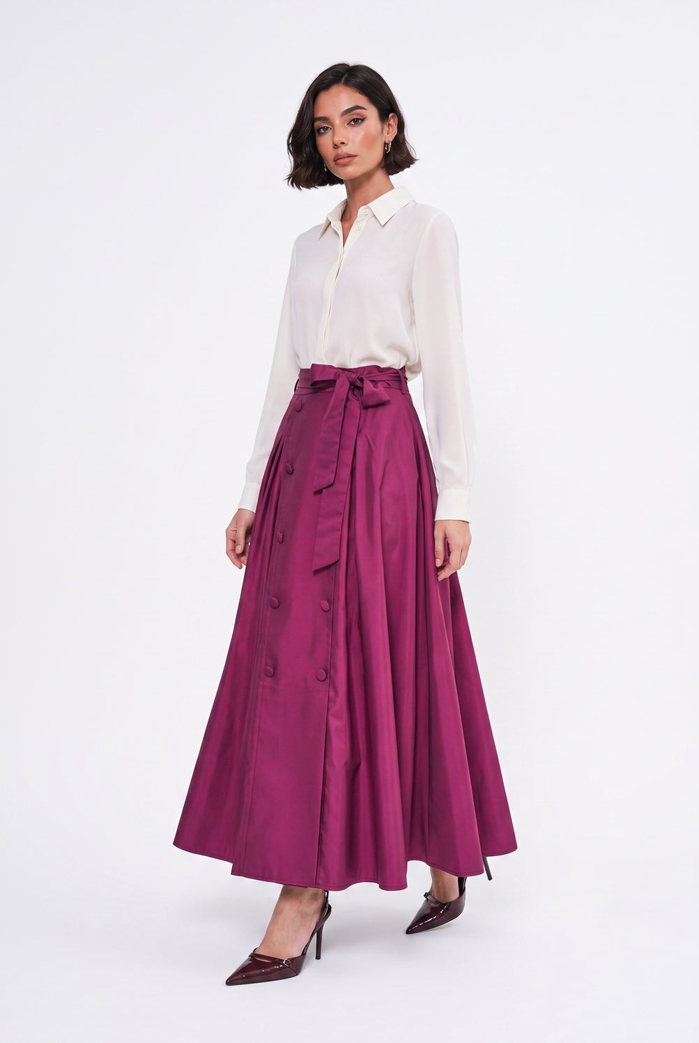 High-Waisted Belted and Button-Detail Pleated Long Skirt Burgundy