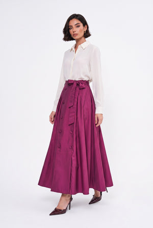 High-Waisted Belted and Button-Detail Pleated Long Skirt Burgundy