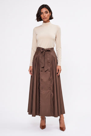 High-Waisted Pleated Maxi Skirt with Belt and Button Detail Brown