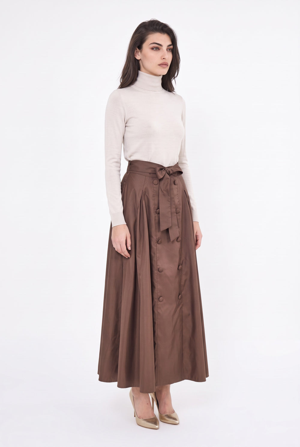 High-Waisted Pleated Maxi Skirt with Belt and Button Detail Brown