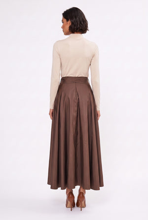 High-Waisted Pleated Maxi Skirt with Belt and Button Detail Brown
