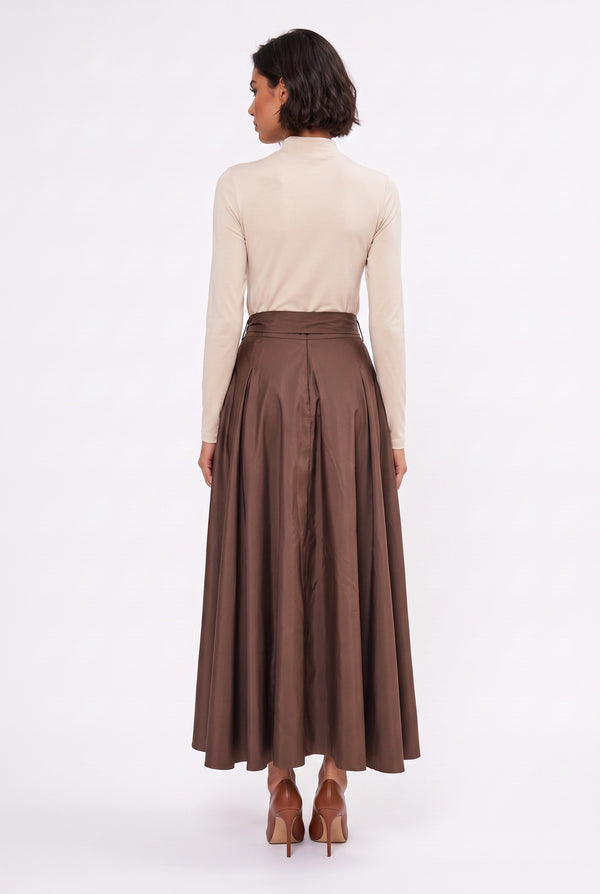 High-Waisted Pleated Maxi Skirt with Belt and Button Detail Brown