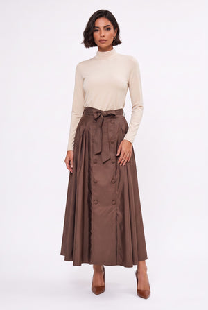 High-Waisted Pleated Maxi Skirt with Belt and Button Detail Brown