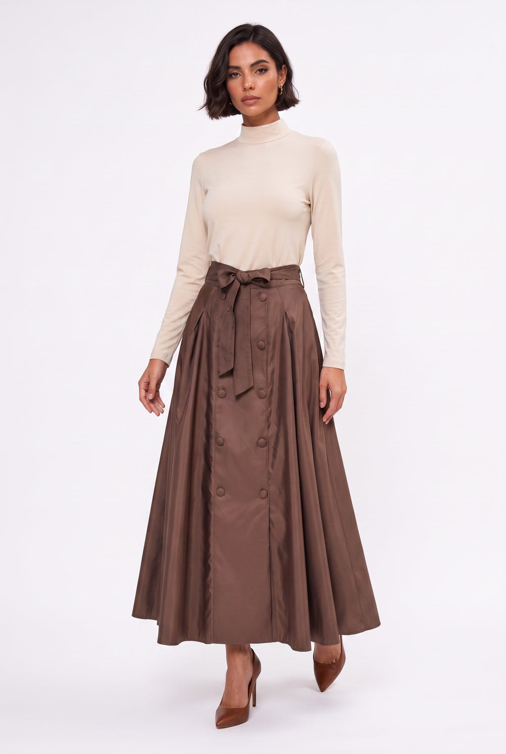 High-Waisted Pleated Maxi Skirt with Belt and Button Detail Brown