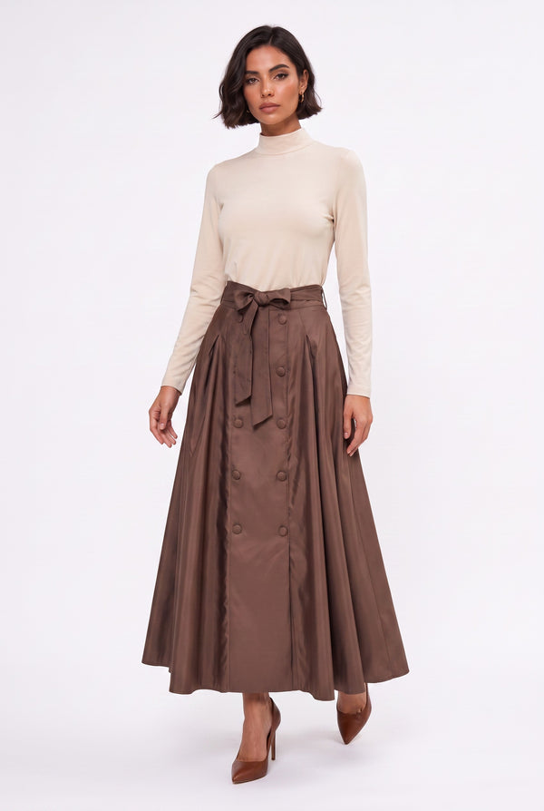 High-Waisted Pleated Maxi Skirt with Belt and Button Detail Brown