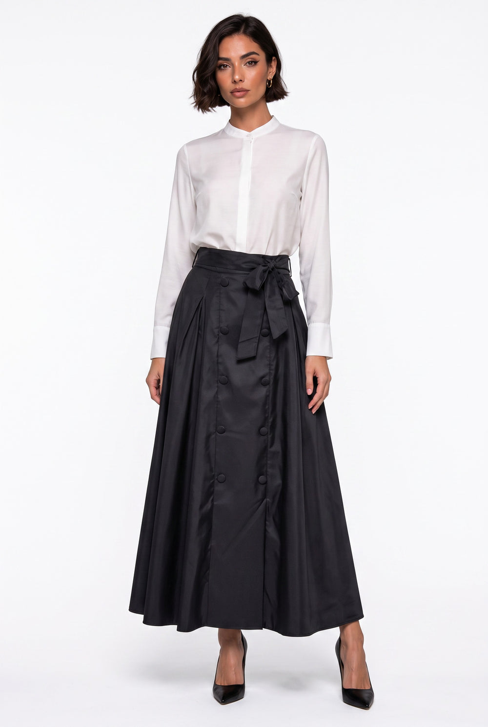 High-Waisted Pleated Maxi Skirt with Belt and Button Detail Black