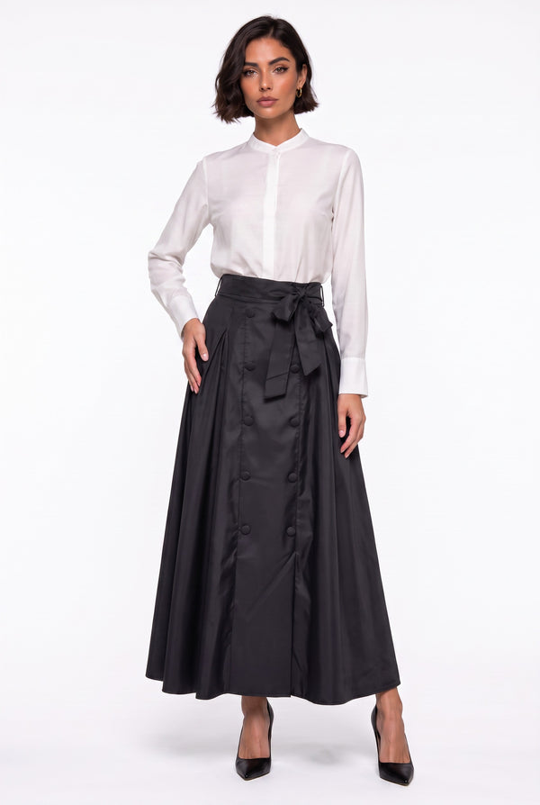 High-Waisted Pleated Maxi Skirt with Belt and Button Detail Black