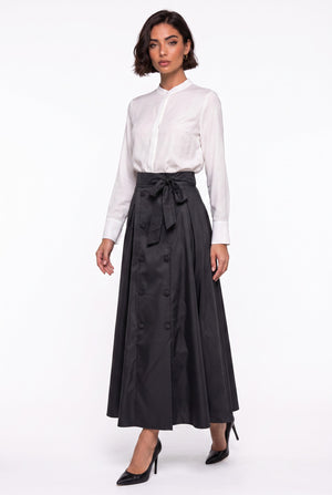 High-Waisted Pleated Maxi Skirt with Belt and Button Detail Black