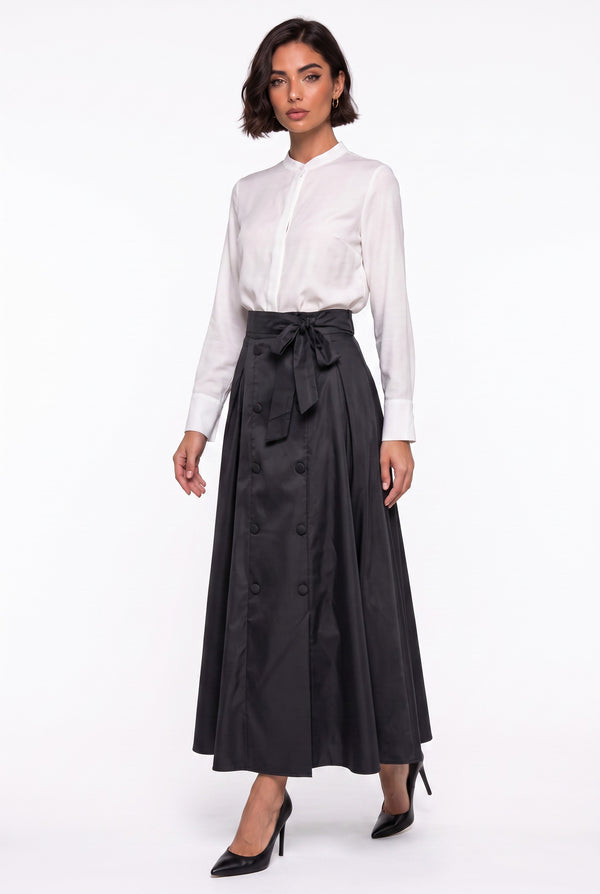High-Waisted Pleated Maxi Skirt with Belt and Button Detail Black