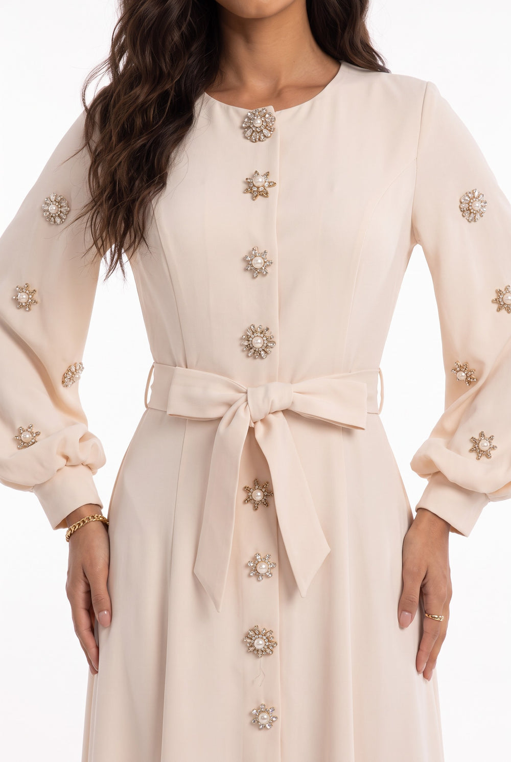 Stone Button Long Sleeve Midi Dress Ecru