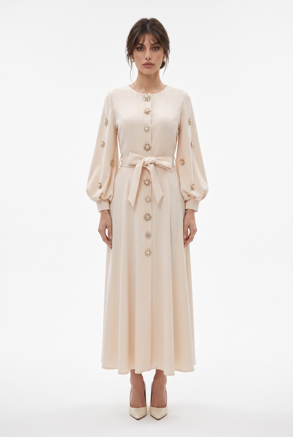 Stone Button Long Sleeve Midi Dress Ecru