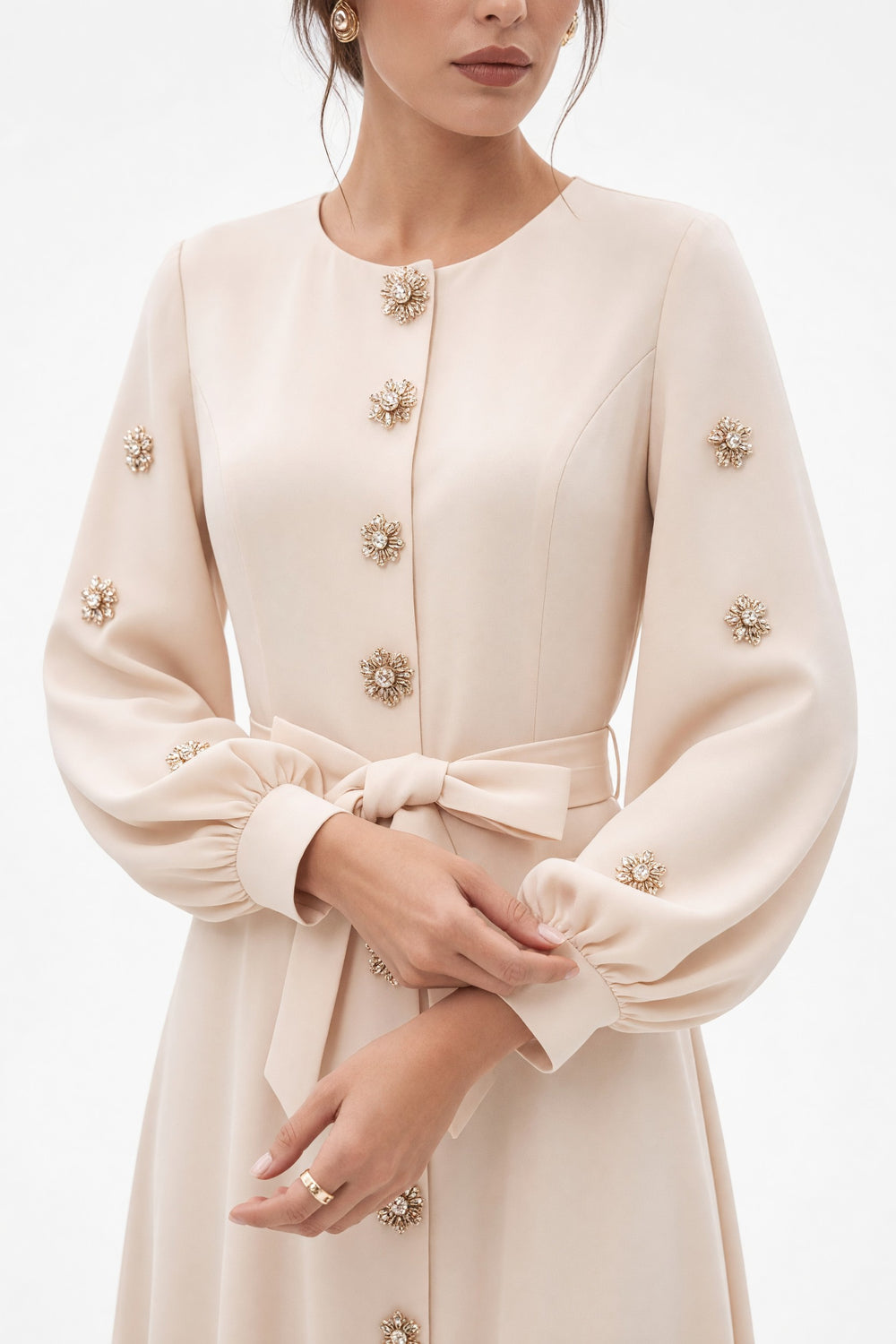 Stone Button Long Sleeve Midi Dress Ecru