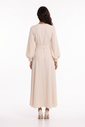 Stone Button Long Sleeve Midi Dress Ecru