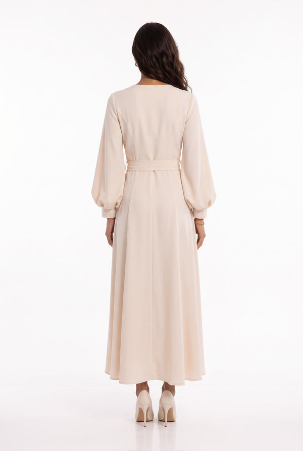 Stone Button Long Sleeve Midi Dress Ecru