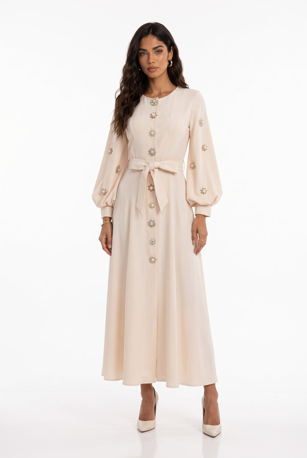 Stone Button Long Sleeve Midi Dress Ecru
