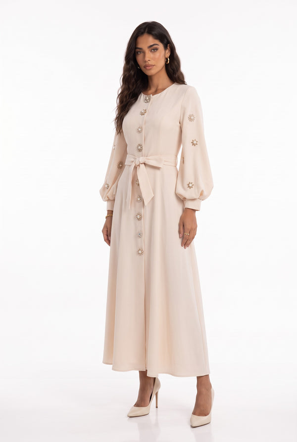 Stone Button Long Sleeve Midi Dress Ecru