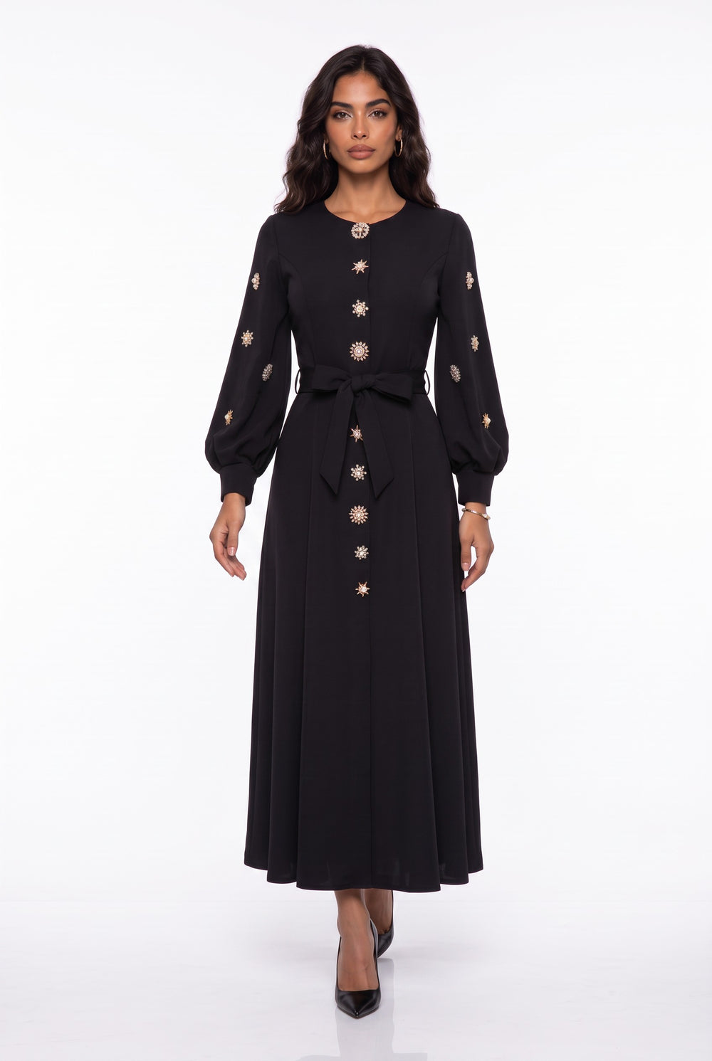 Stone Button Long Sleeve Midi Dress Black