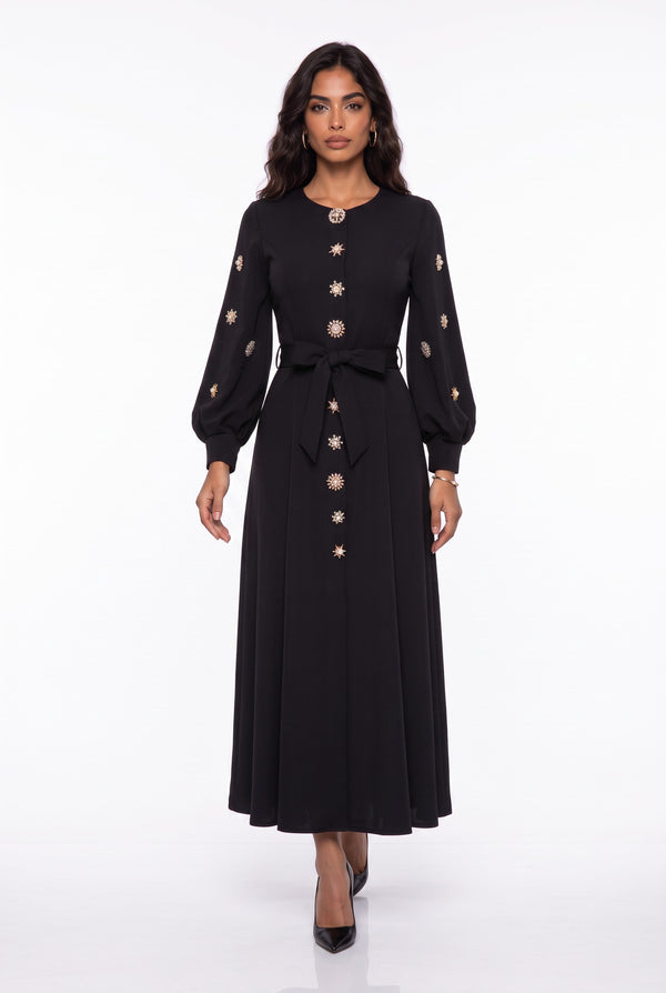 Stone Button Long Sleeve Midi Dress Black