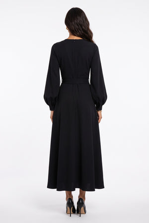 Stone Button Long Sleeve Midi Dress Black