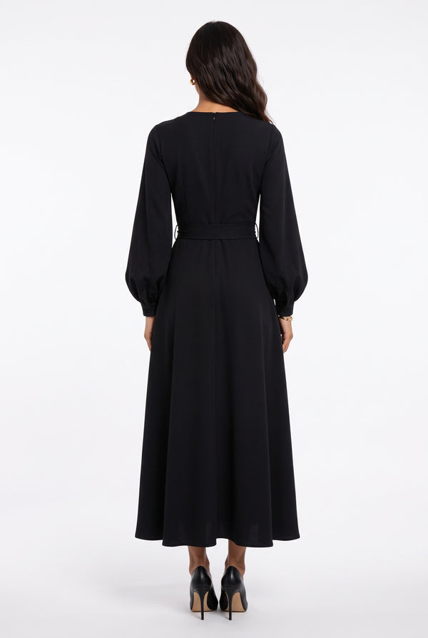 Stone Button Long Sleeve Midi Dress Black