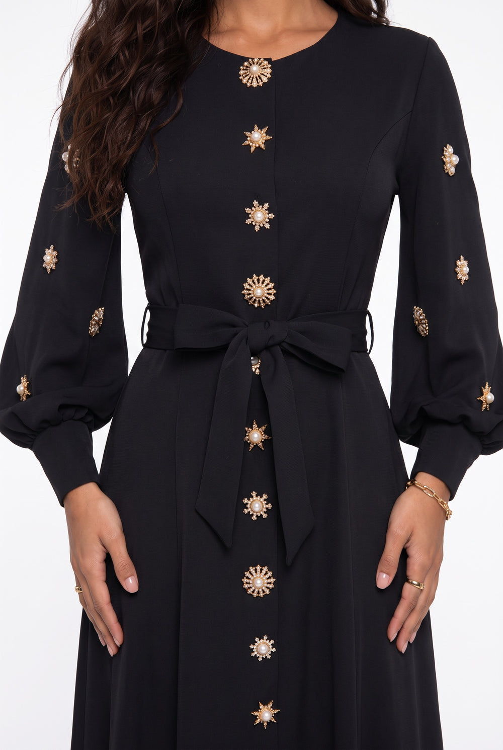 Stone Button Long Sleeve Midi Dress Black