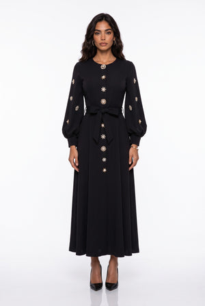 Stone Button Long Sleeve Midi Dress Black