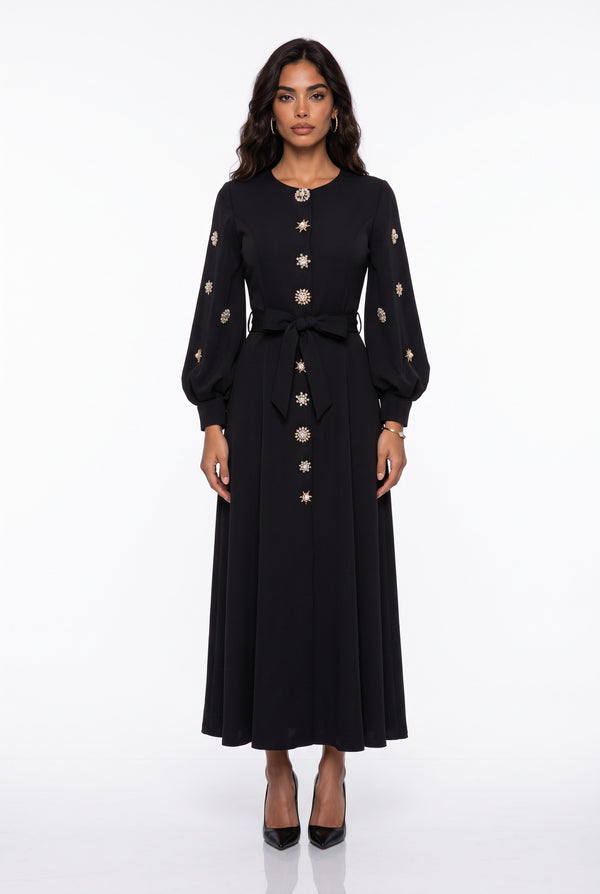 Stone Button Long Sleeve Midi Dress Black