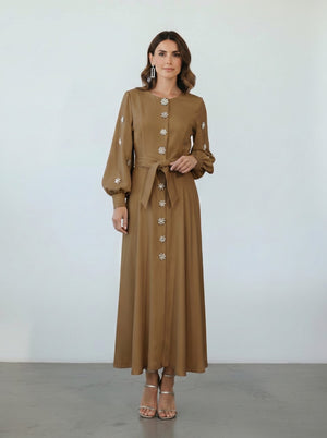 Düğmeli Uzun Kollu Midi Elbise MOCHA