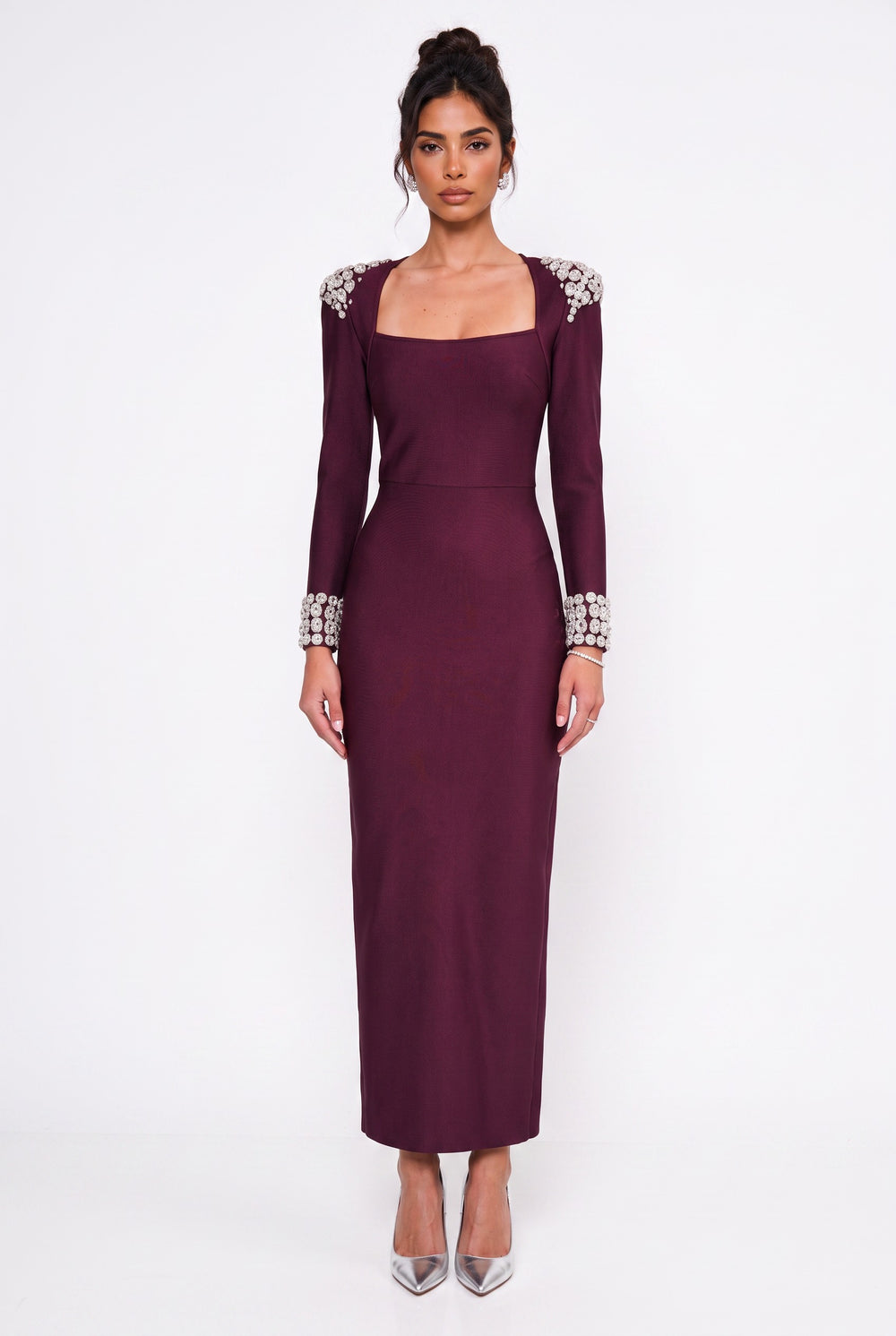 Square Neck Long Evening Dress with Rhinestone Embellishments on Shoulders and Cuffs, Burgundy