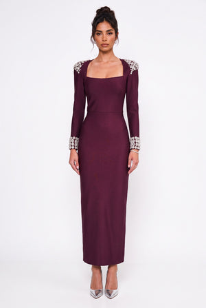 Square Neck Long Evening Dress with Rhinestone Embellishments on Shoulders and Cuffs, Burgundy