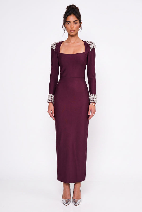 Square Neck Long Evening Dress with Rhinestone Embellishments on Shoulders and Cuffs, Burgundy