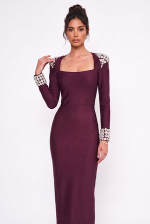Square Neck Long Evening Dress with Rhinestone Embellishments on Shoulders and Cuffs, Burgundy