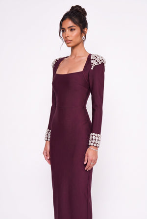 Square Neck Long Evening Dress with Rhinestone Embellishments on Shoulders and Cuffs, Burgundy