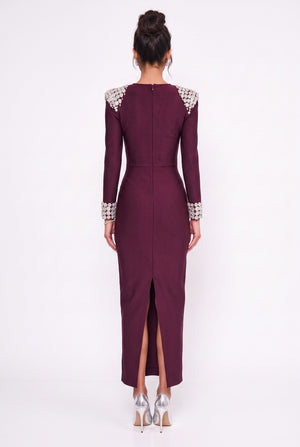 Square Neck Long Evening Dress with Rhinestone Embellishments on Shoulders and Cuffs, Burgundy