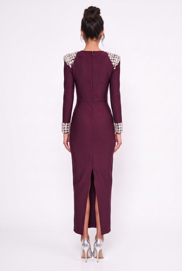 Square Neck Long Evening Dress with Rhinestone Embellishments on Shoulders and Cuffs, Burgundy